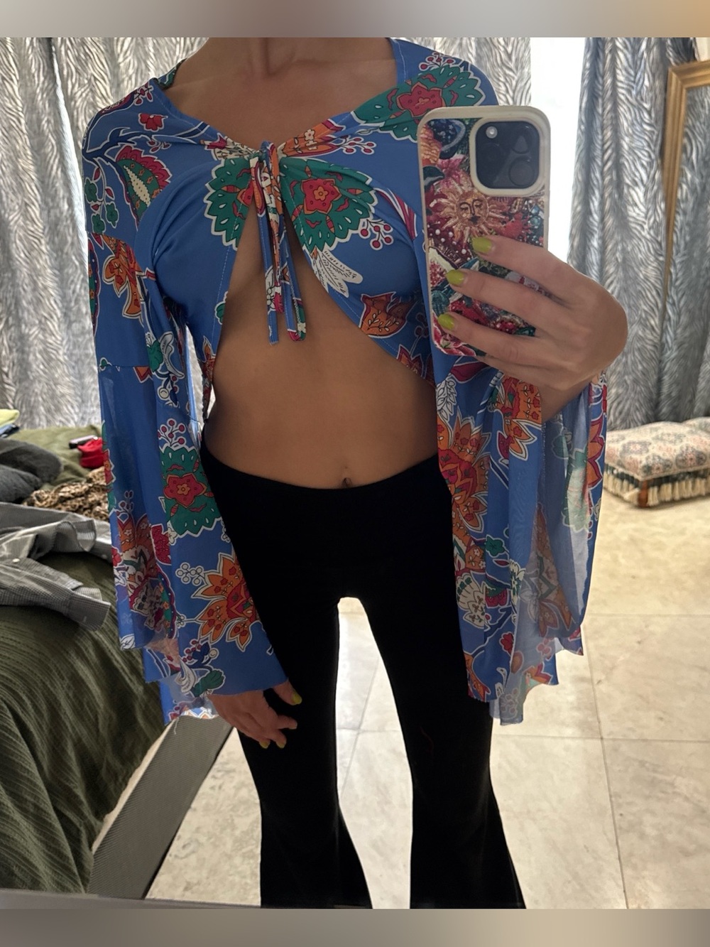 Blue floral bell sleeve kimono style tie front top